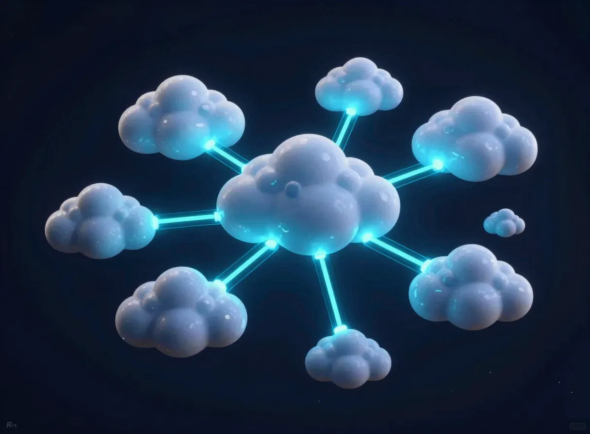 Network of glowing clouds representing cloud services